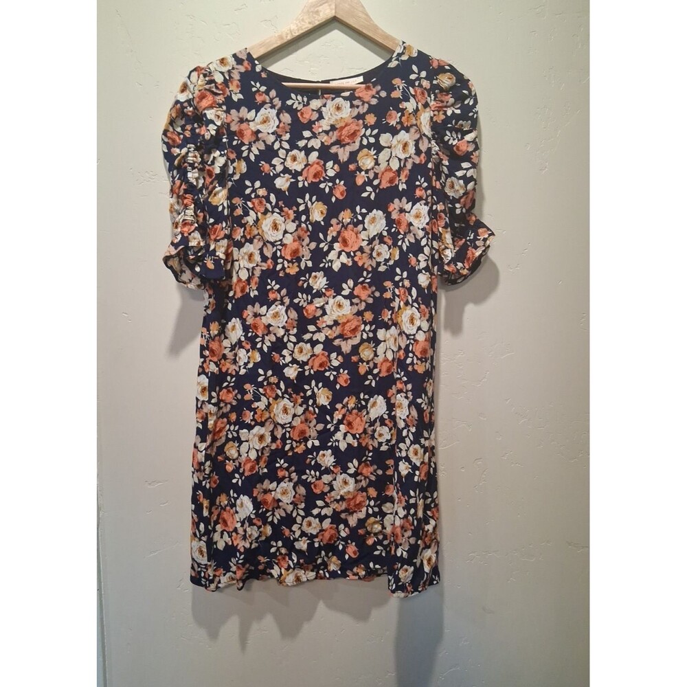 Skies Are Blue Womens Blue Floral 3/4 Ruched Slv Lined Modest Shift Dress Sz S